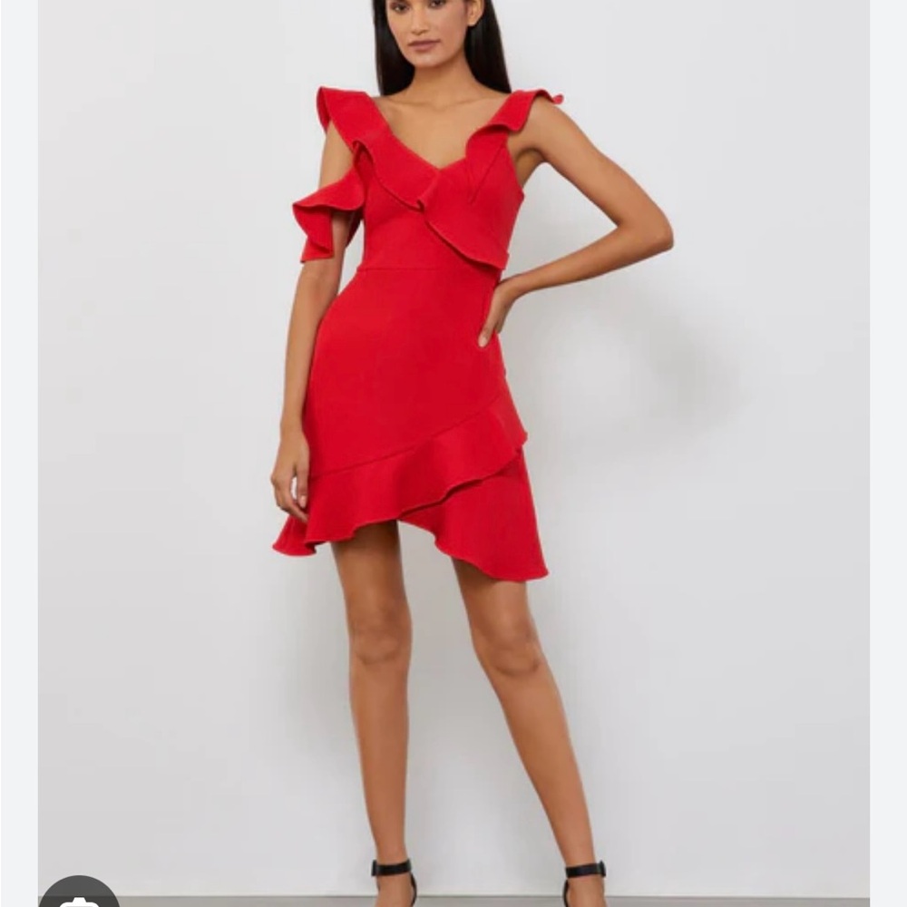 BCBGMaxAzria Red Asymmetrical Ruffle Cocktail Dress